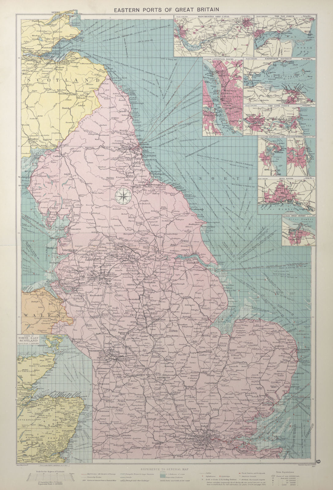 Great Britain east coast ports sea chart lighthouses mail routes LARGE 1927 map